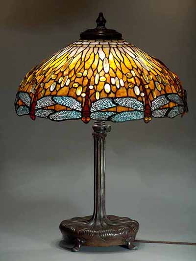 22" Dragonfly leaded glass and bronze Tiffany lamp Design of Tiffany Studios New York