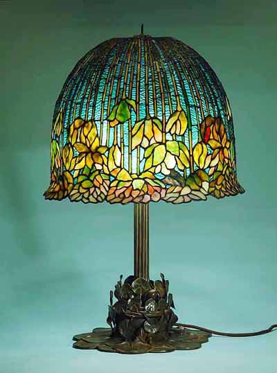 18" Flowering Lotus leaded glass and bronze Lamp Tiffany Studios design