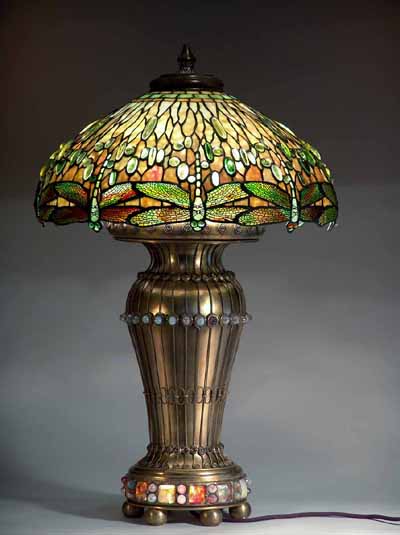 22" Dragonfly Tiffany lamp on vase base, Design of Tiffany Studios New York