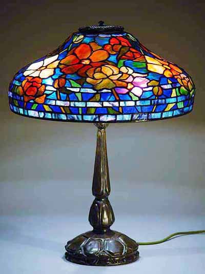 18" Peony leaded Glass and bronze lamp, design of Tiffany Studios