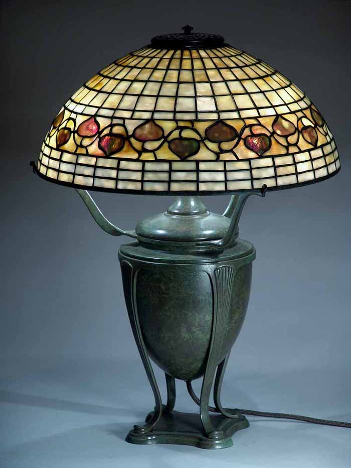 16" Acorn leaded Glass Tiffany lamp shade on Greek Urn bronze lamp base