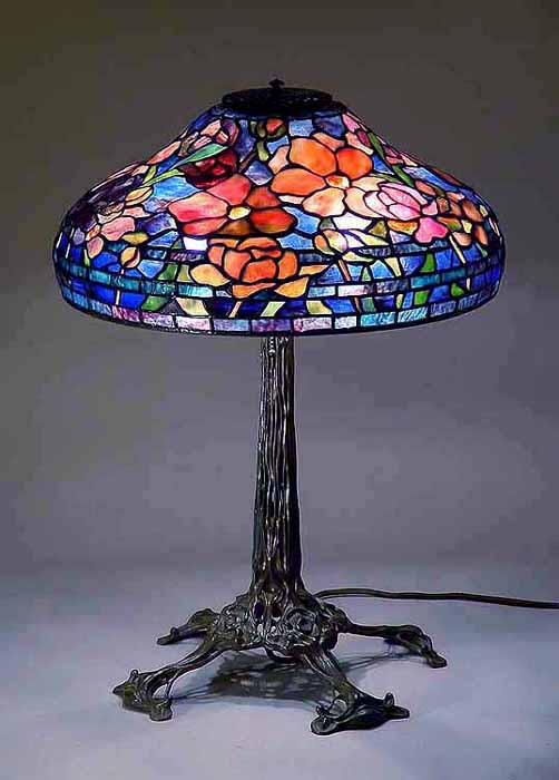 18" Peony Tiffany lamp # 1475 &  Bird Sceleton bronze cast Tiffany lamp base #442