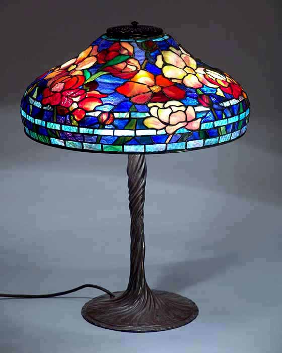 18" Peony Tiffany Lamp shade #1475 on Twisted Vine bronze casted lamp base #445