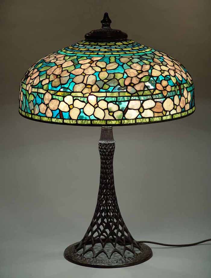 22" Dogwood Leaded Glass and Bronze Tiffany Lamp # 1504  &  Bronze cast Eiffel Tower base # 549