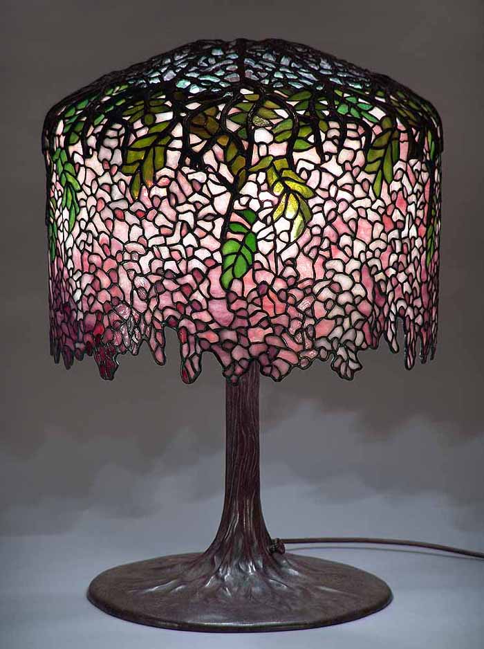 18" Wisteria burgundy leaded glass and bronze Tiffany lamp #342