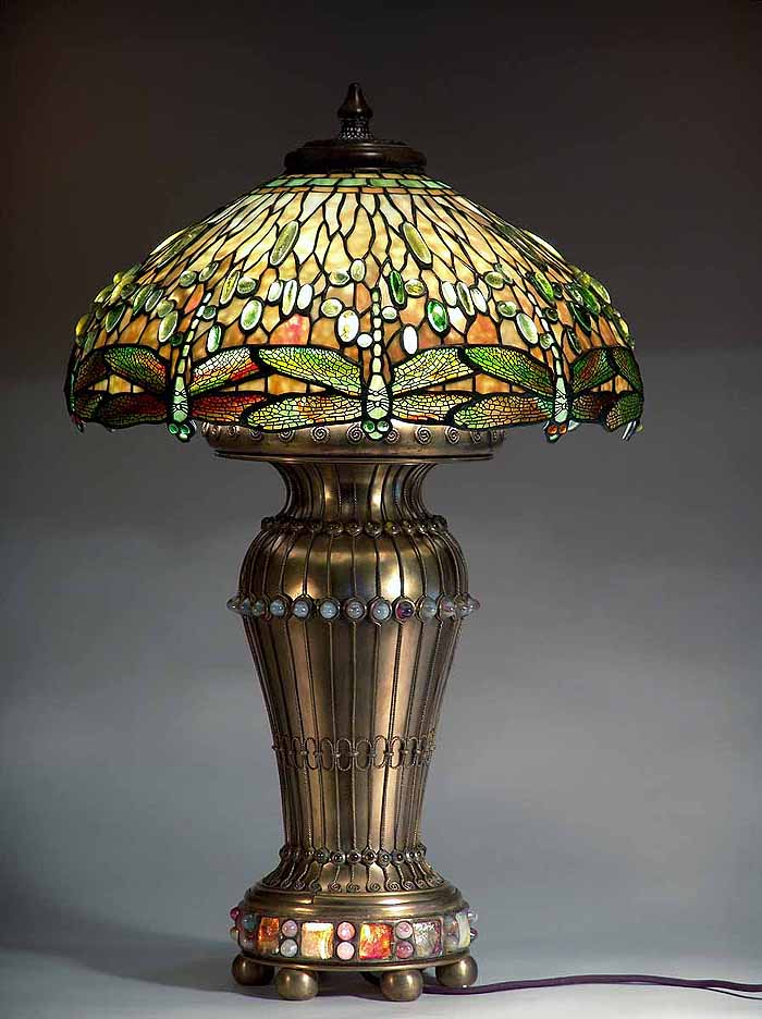 22" DRAGONFLY LEADED GLASS AND BRONZE TIFFANY LAMP