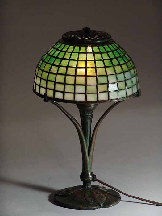 8" Geometric Tiffany Leaded Glass shade #1568-8  on Leaf Bronze Tiffany Lamp Base # 426