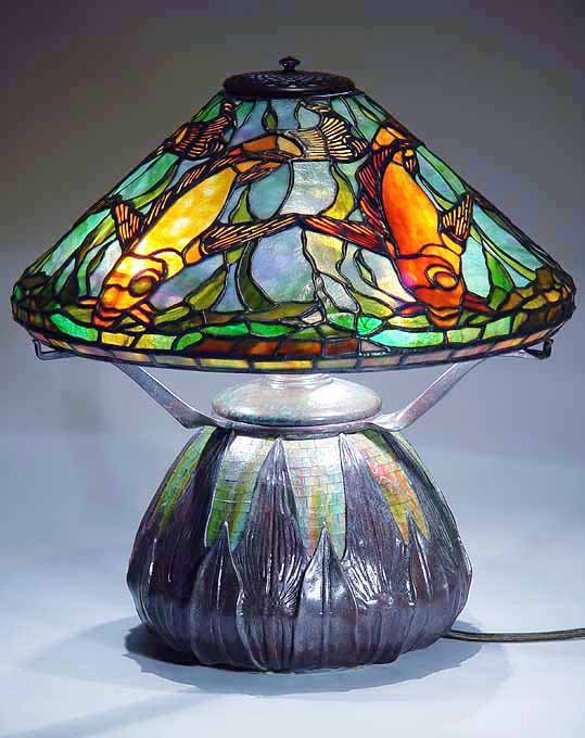 16" FISH LEADED GLASS AND BRONZE TIFFANY LAMP #1442 & ARROW ROOT GLASS MOSAIC URN #154