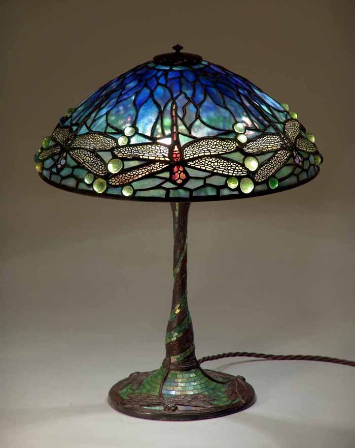 14" Dragonfly Tiffany Lamp #1585 on Glass Mosaic bronze base #356