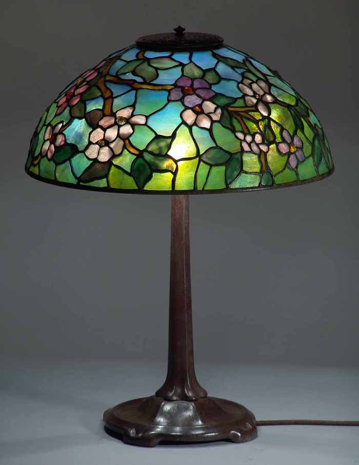 16" JEWELED APPLE BLOSSOM #1455 Tiffany Lamp shade & SMALL STICK Bronze casted Tiffany Lamp base #533