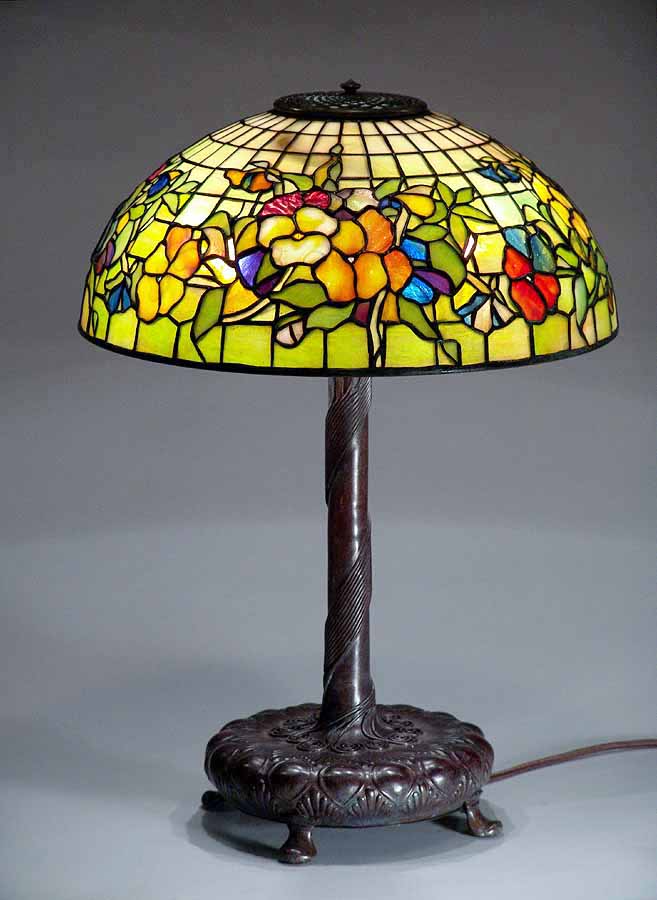 16" Pansy #1448 leaded glass lamp shade & Decorated Libary Tiffany Bronze cast Lamp Base  #360