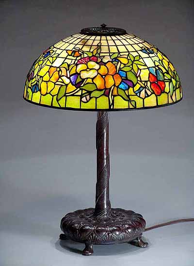 16" Pansy Tiffany lamp on a decorated bronze base