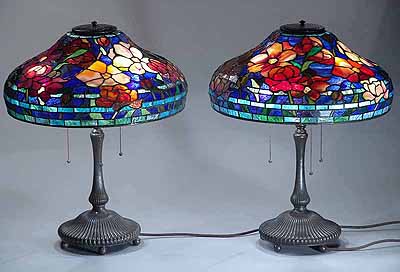 A pair of 18" Peony leaded Glass and bronze Tiffany lamps