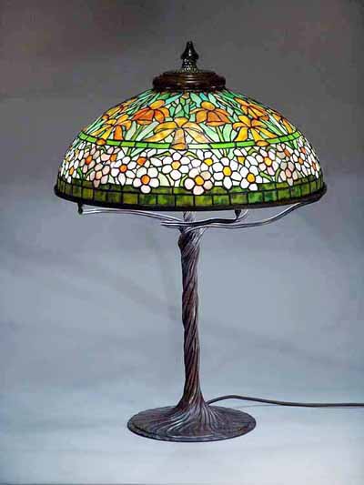 20" JONQUIL DAFFODIL TIFFANY LAMP ON TWISTED VINE BRONZE CAST LAMP BASE