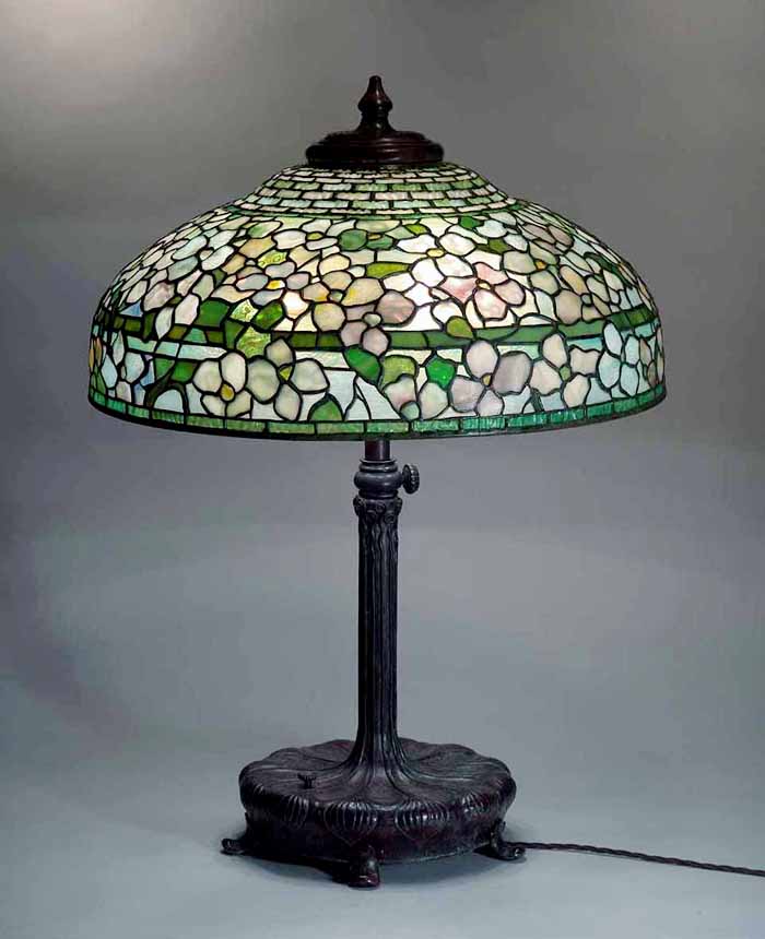 22" Dogwood Leaded Glass and Bronze Tiffany Lamp #1504