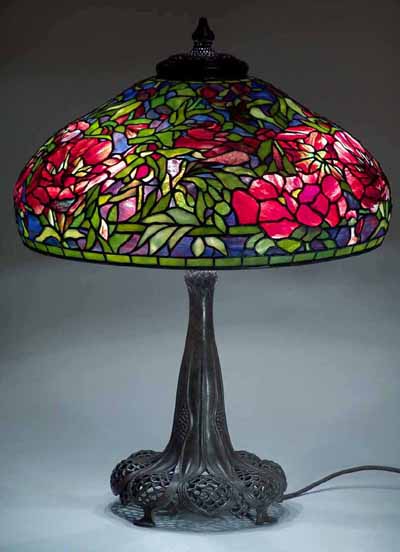 22" Elaborate Peony leaded Glass and bronze Tiffany table lamp