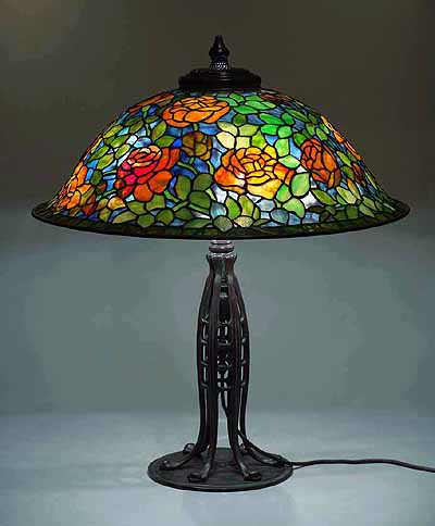 24" Rose leaded Glass and bronze Tiffany table lamp