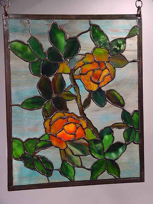 Roses leaded glass panel. Design of Tiffany Studios NY
