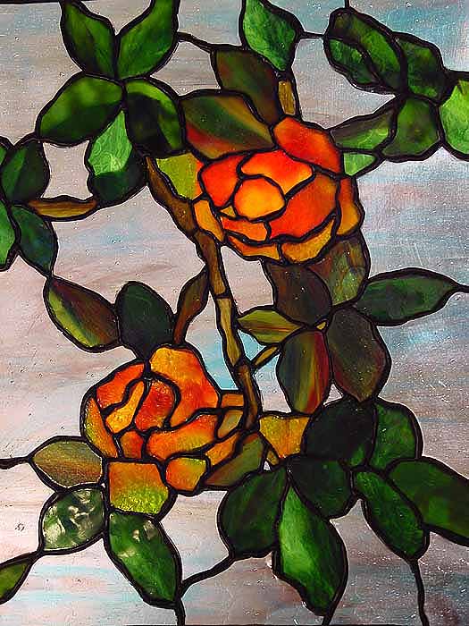 Rose leaded glass panel. Design of Tiffany Studios NY