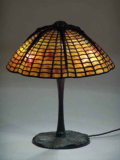 15" Spider and Web Tiffany Lamp #1424  on Mushroom Bronze lamp base #337