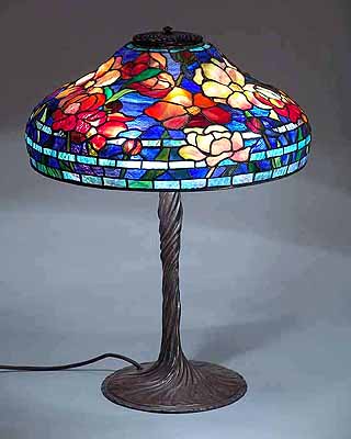 18" Peony Tiffany Lamp shade #1475 on Twisted Vine bronze casted lamp base #445