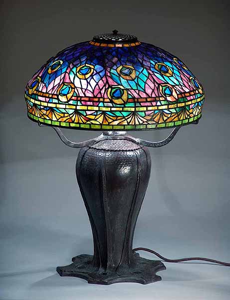 18" Peacock Tiffany Lamp shade #1472 and bronze urn base #1455