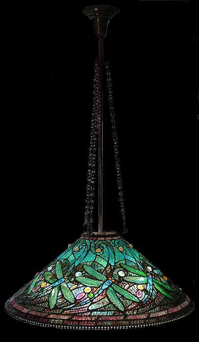 29" Tiffany Dragonfly leaded glass and bronze chandelier