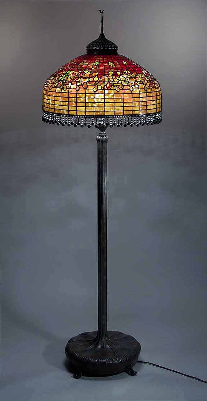 24 1/2" SWIRLING LEAVES TIFFANY FLOOR LAMP LEADED GLASS AND BRONZE