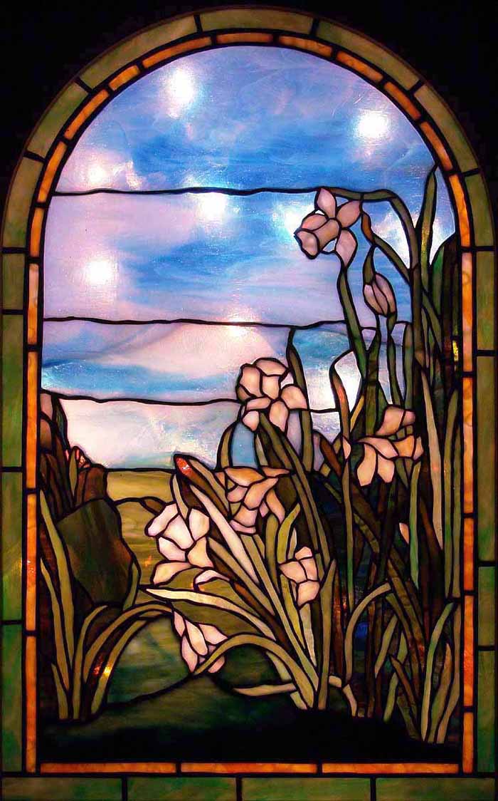 Daffodils laded glass window 32 by 19 Inches. Design of Tiffany-Studios New York