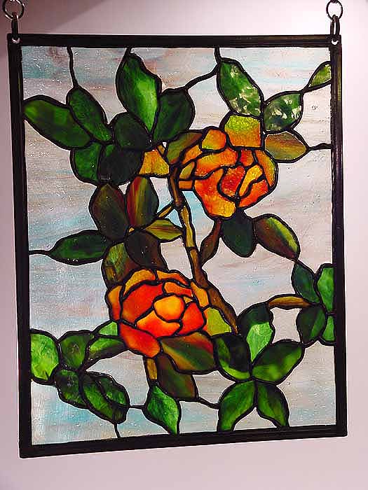 Rose laded glass panel 12" by 15". Design of Tiffany-Studios New York