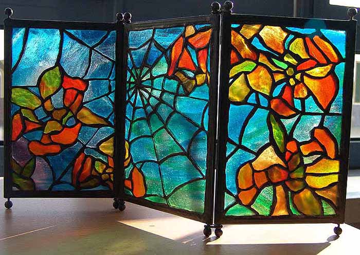 Spider Web Leaded glass and Bonze Tea Screen. Design of Tiffany Studios NY #915