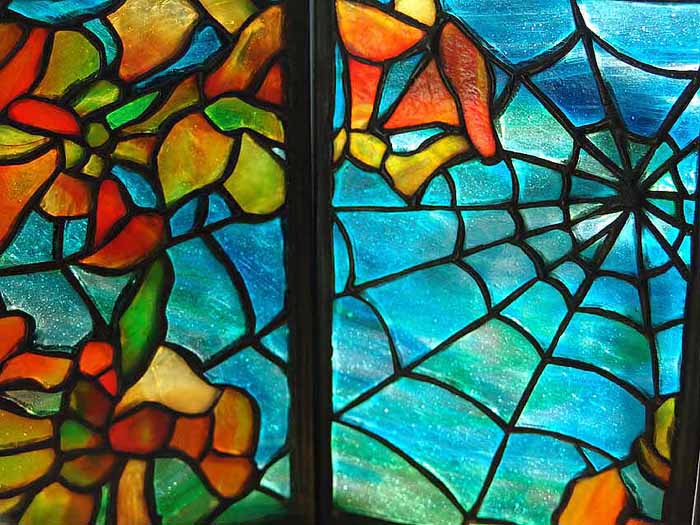 Spider Web Leaded glass and Bonze Tea Screen. Design of Tiffany Studios NY #915