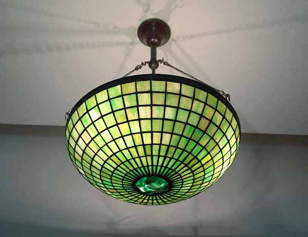 16" leaded Glass and bronze Parasol Chandelier w/ central Turtleback Tile