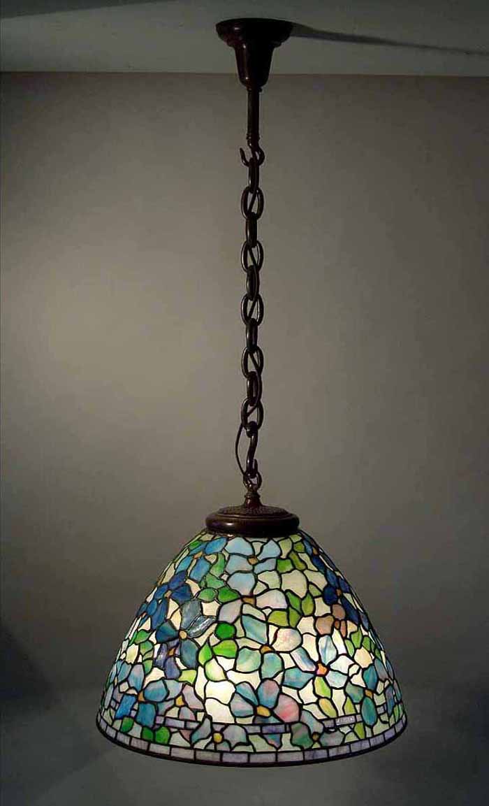21" Leaded Glass and Bronze Clematis Hanging Lamp