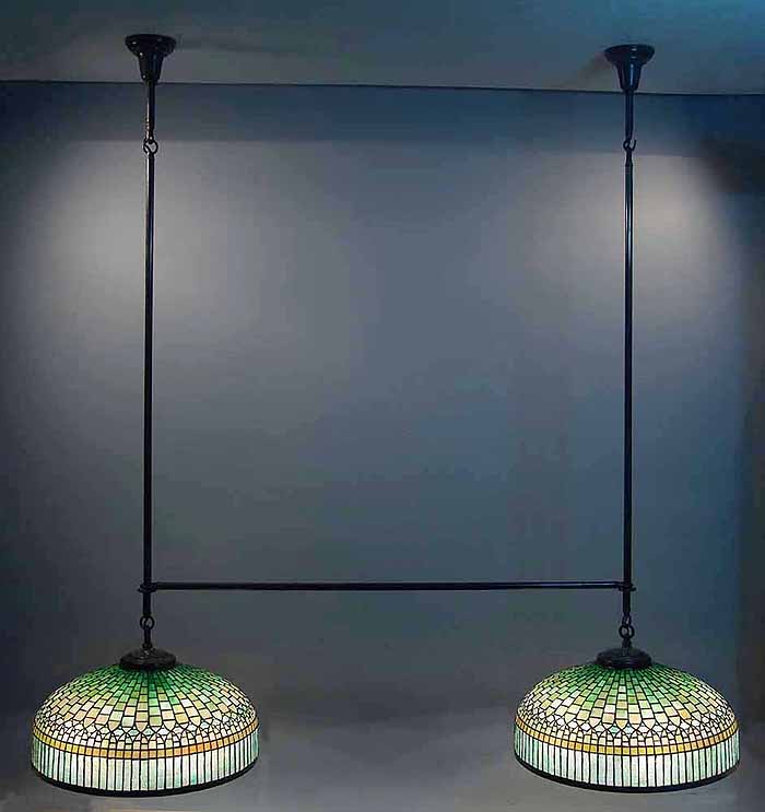 22" Curtain Border pooltable Tiffany hanging lamp with two shades.