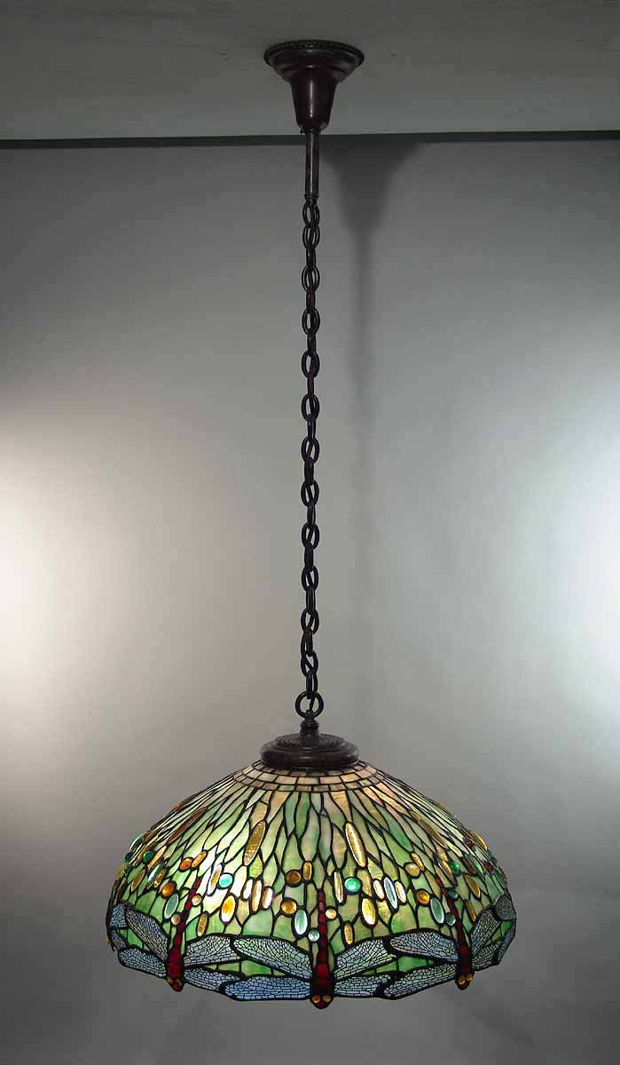 22" Dragonfly Leaded Glass and Bronze Tiffany hanging Lamp  #1507 light green