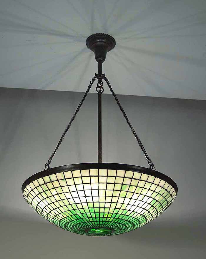 24" Parasol leaded glass and Bronze Tiffany Chandelier  with Turtleback centerpiece