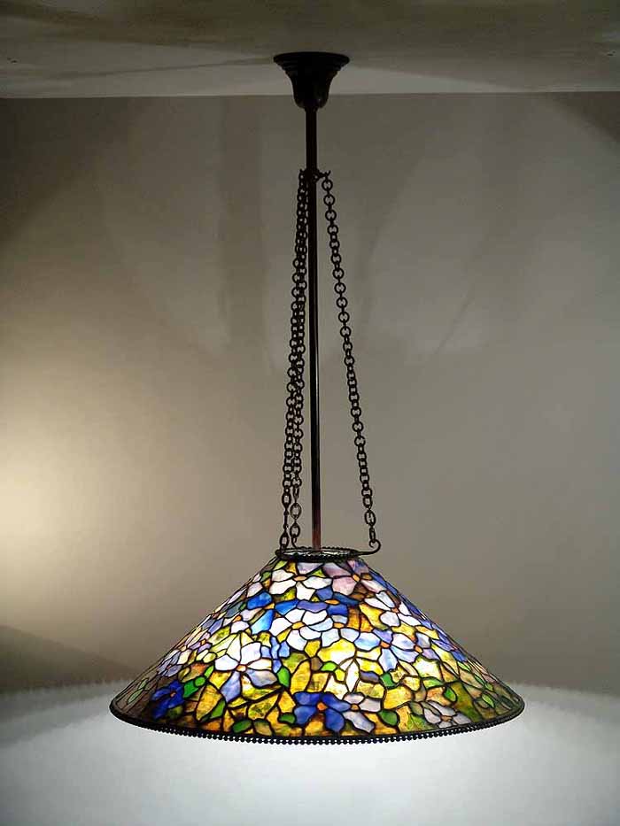 28" Leaded Glass and Bronze Clematis Tiffany Hanging Lamp # 604