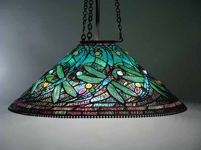 29" Swirling Dragonfly Leaded Glass and Bronze Tiffany hanging Lamp Shade #616