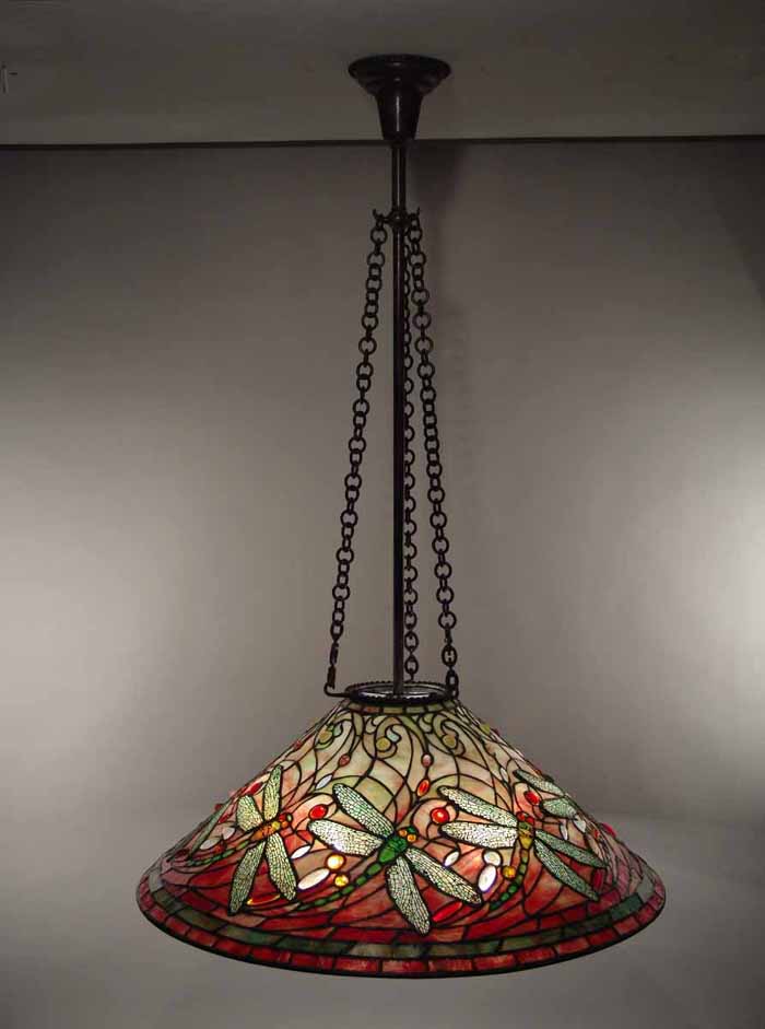 28" Swirling Dragonfly Leaded Glass and Bronze Tiffany hanging Lamp Shade  #616