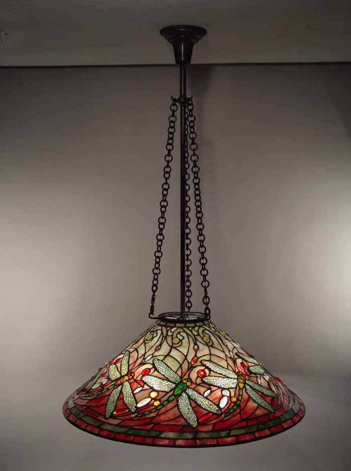 28" Swirling Dragonfly Leaded Glass and Bronze Tiffany hanging Lamp Shade  #616