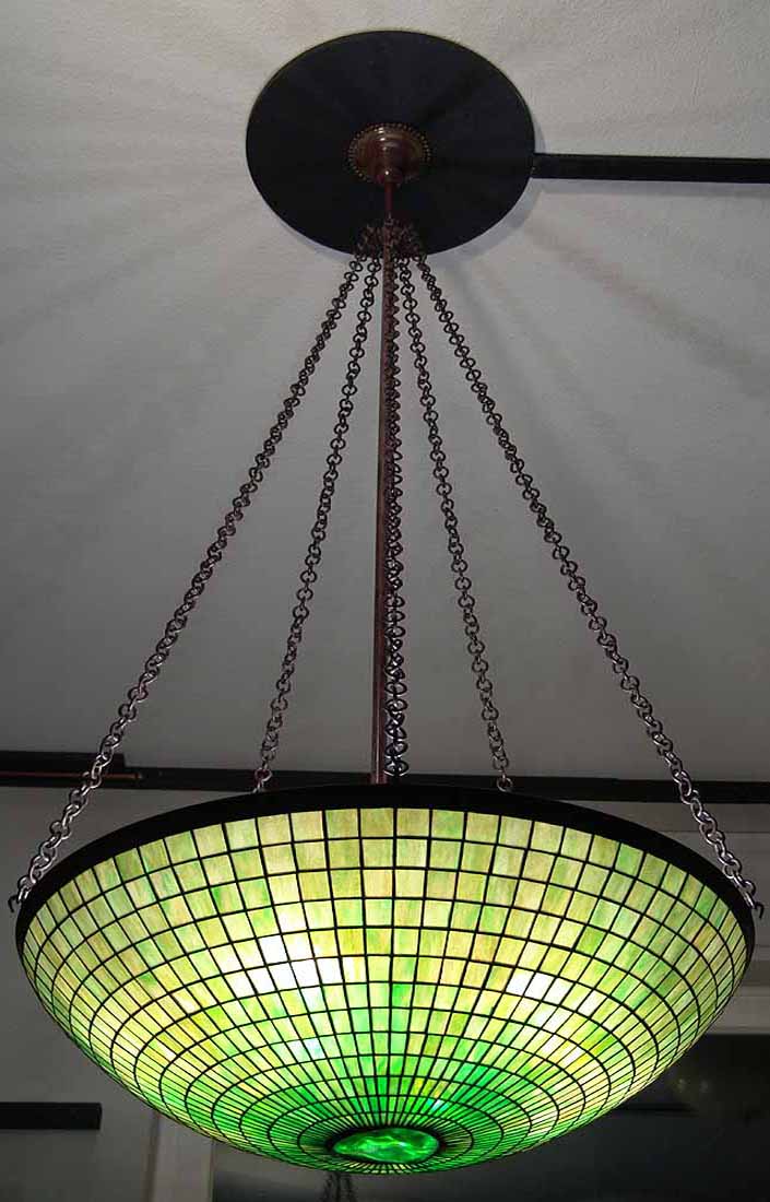 32" PARASOL LEADED GLASS AND BRONZE TIFFANY CHANDELIER W/ TURTLEBACK TILE  CENTER PIECE