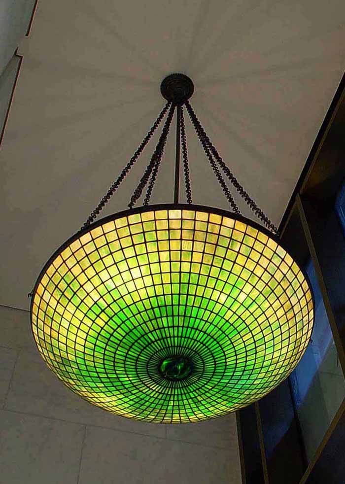 36" Parasol  leaded glass and bronze Tiffany Chandelier with Turtleback tile Center Piece  (NEW YORK)