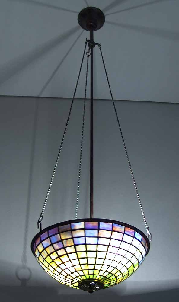 TIFFANY STYLE LEADED GLASS AND BRONZE 11" GEOMETRIC CHANDELIER GSE 506