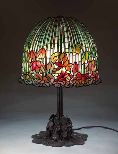 18" Descending Lotus leaded glass and bronzeTiffany lamp