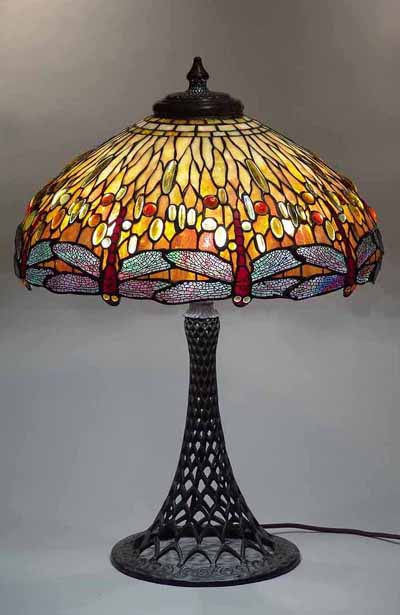 22" Dragonfly leaded glass and bronze Tiffany lamp Design of Tiffany Studios New York