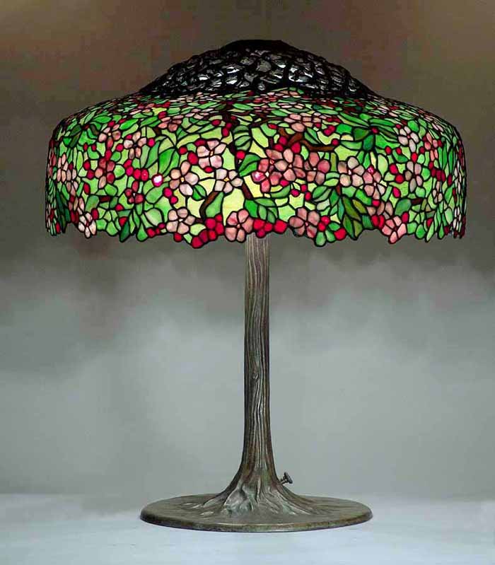 CHERRY TREE leaded glass and bronze Tiffany lamp # 351 & TREE TRUNK bronze cast lamp base #269/ 6