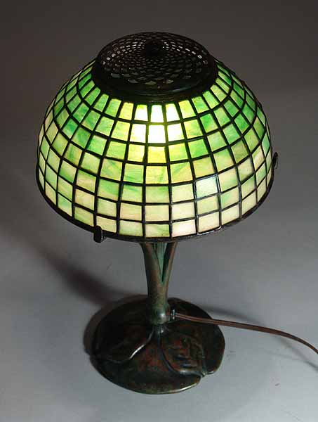 8" Geometric Tiffany Leaded Glass shade #1568-8  on Leaf Bronze Tiffany Lamp Base # 426