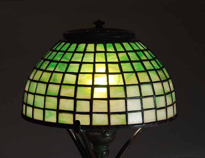 8" Geometric Tiffany Leaded Glass shade #1568-8  on Leaf Bronze Tiffany Lamp Base # 426