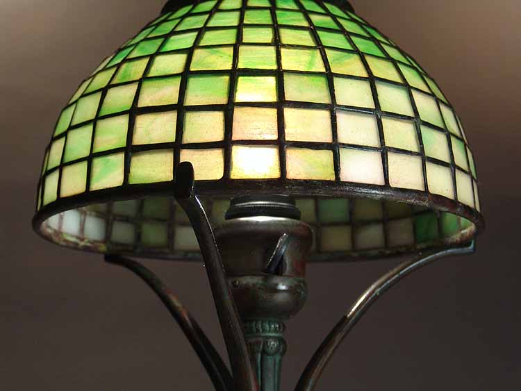 8" Geometric Tiffany Leaded Glass shade #1568-8  on Leaf Bronze Tiffany Lamp Base # 426